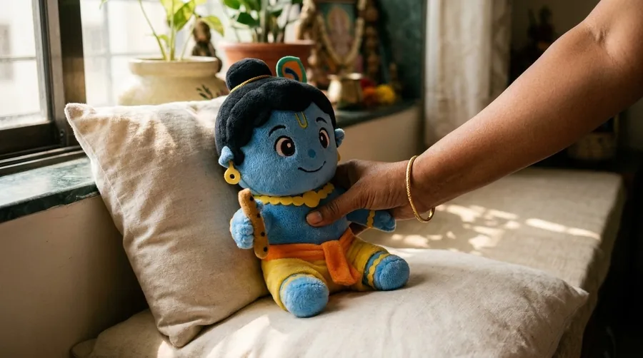 A hand pressing Kanha's tummy to play the mantras