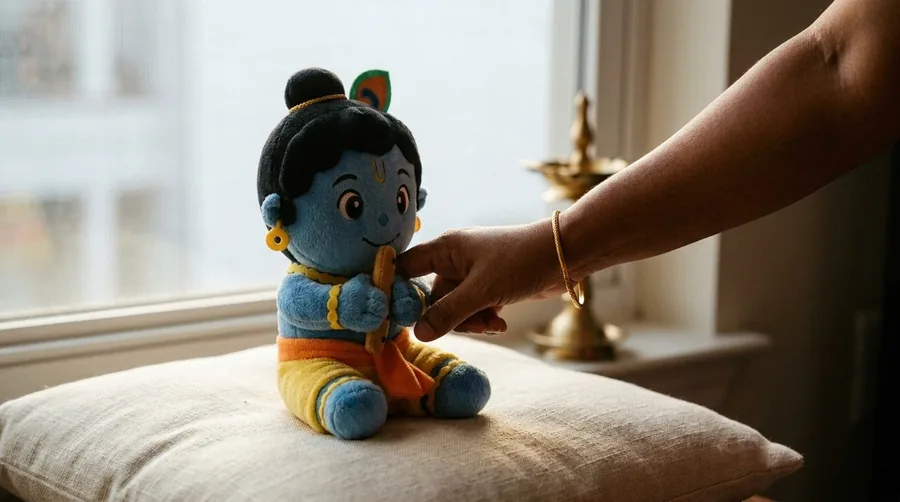 Fingertips pressing Kanha's folded hands for the Om meditation mode