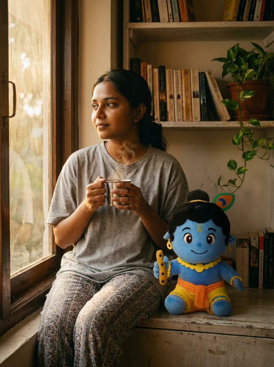 A woman with morning chai, Kanha beside her on the windowsill
