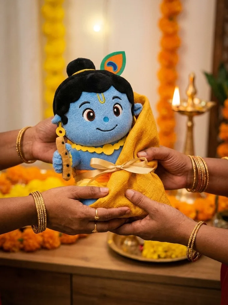 Kanha wrapped in marigold cloth, passed between two women's hands